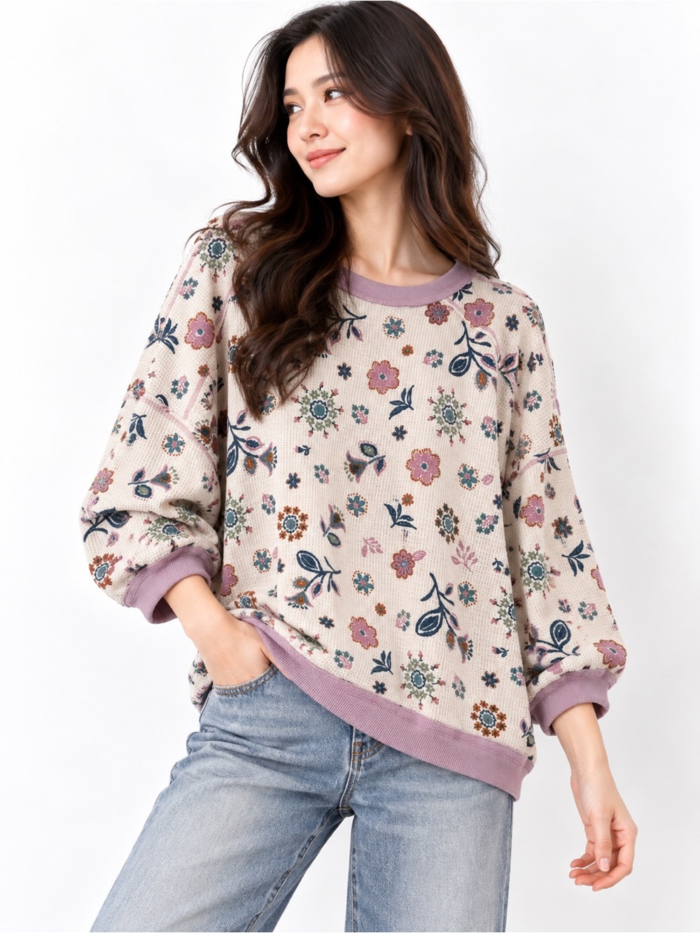 Easel Floral Waffle Knit Pullover Sweater Lavender Trim Relaxed Fit
